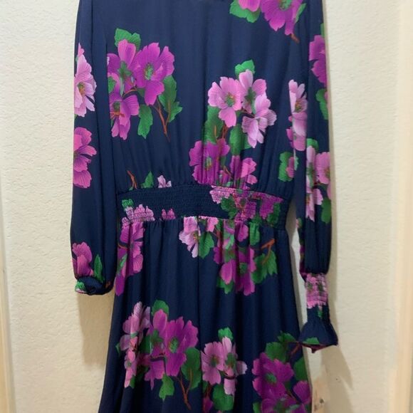 nanette Lepore Navy & Fuchsia Floral Cinched Midi Dress 10 Flowy NWT - Picture 5 of 16